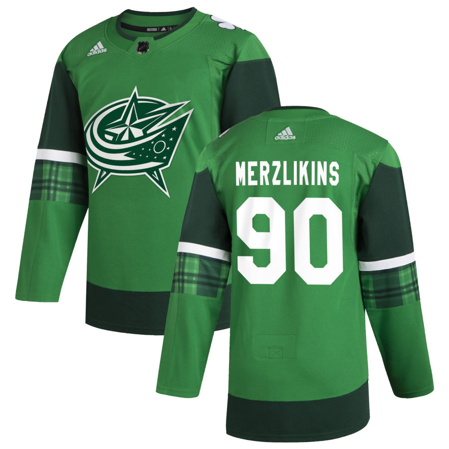 Columbus Blue Jackets 90 Elvis Merzlikins Men Adidas 2020 St. Patrick Day Stitched NHL Jersey Green